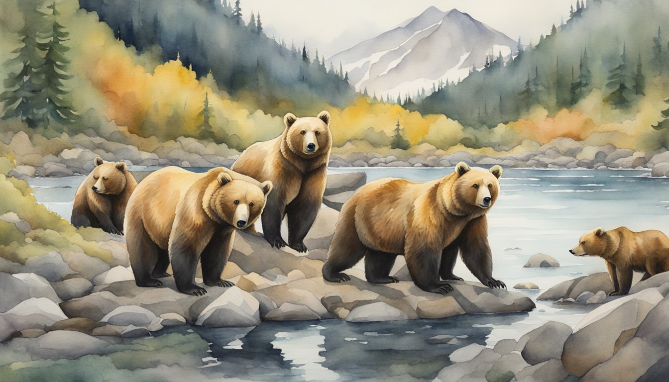 A group of fat bears gather around a large salmon feast, symbolizing cultural impact and human engagement with wildlife