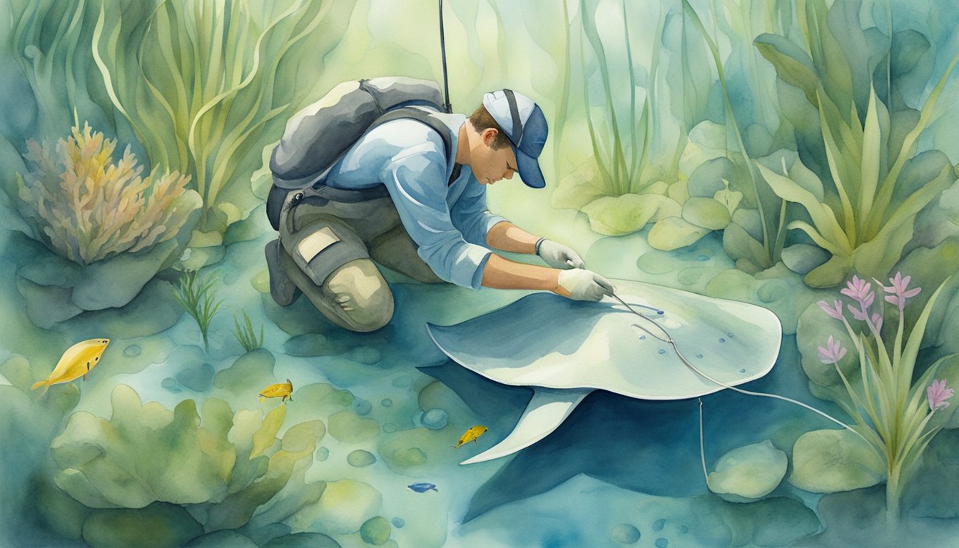 A biologist carefully measures and tags a freshwater stingray in its natural habitat, surrounded by diverse aquatic plant life and other underwater creatures