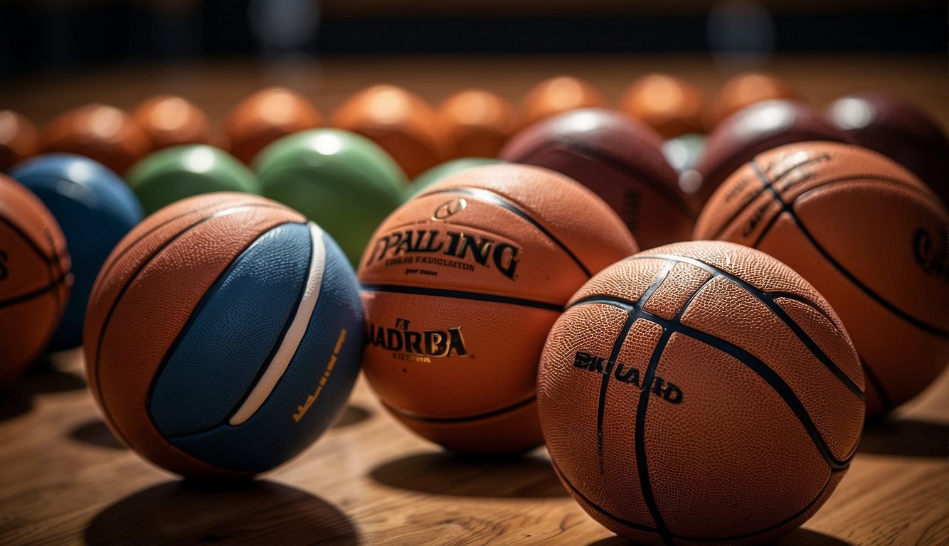 A lineup of basketballs in various sizes, from the smaller ones used in youth leagues to the regulation-size ball used in the NBA