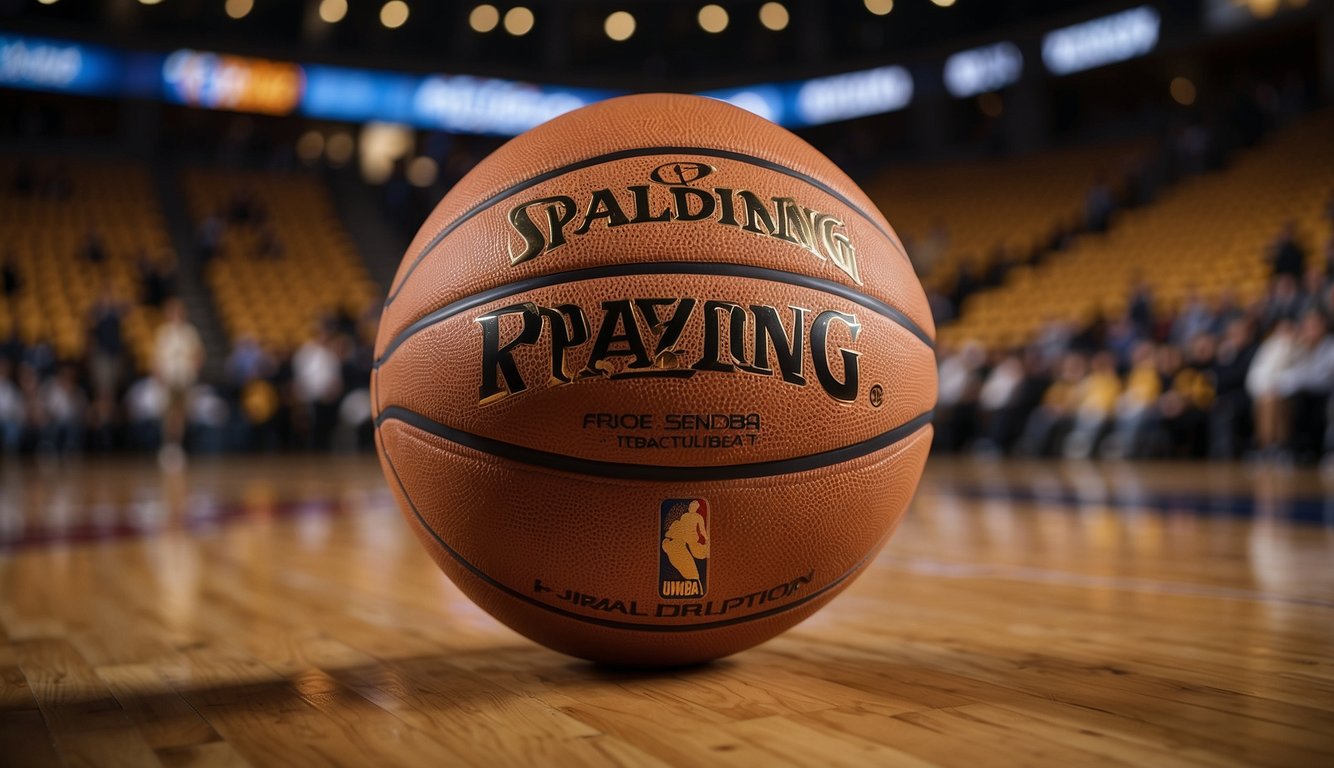 A regulation NBA basketball, made of leather and inflated to 29.5 inches in circumference, sits on a hardwood court