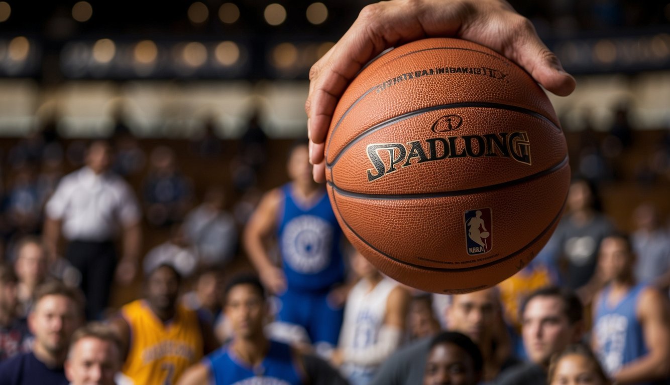 A hand reaches for a regulation size basketball, labeled with "NBA approved." The ball is surrounded by other options, each marked with different sizes