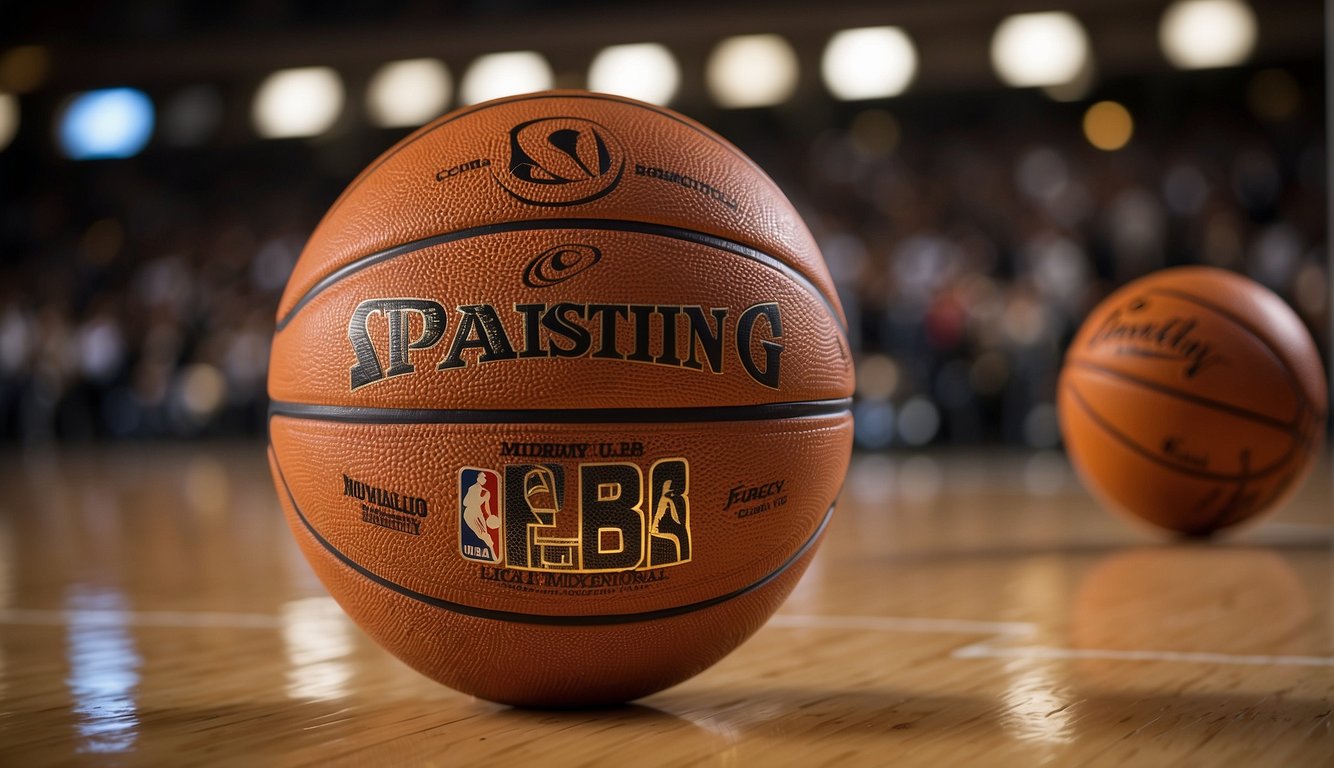 A regulation NBA basketball, 29.5 inches in circumference, sits on a hardwood court surrounded by iconic basketball figures