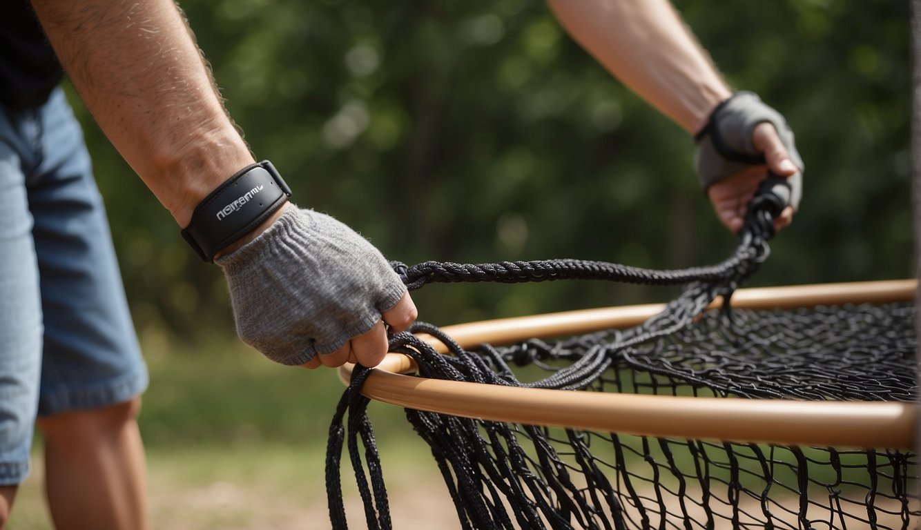 Hands assemble hoop parts, attach net. Hoop mounted on backboard. Backboard secured to pole. Pole anchored in ground