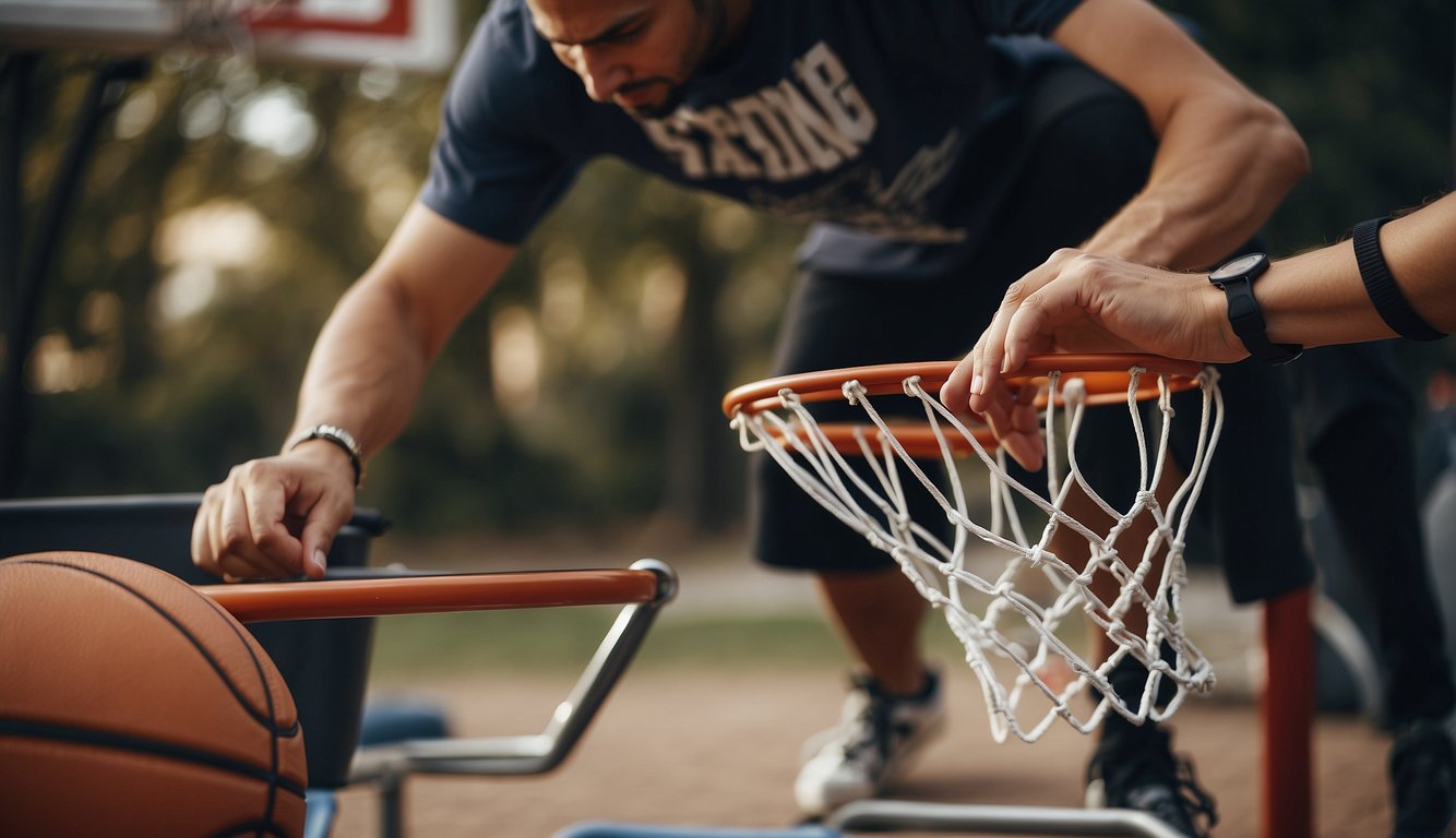 A person assembling a basketball hoop with tools and following step-by-step instructions