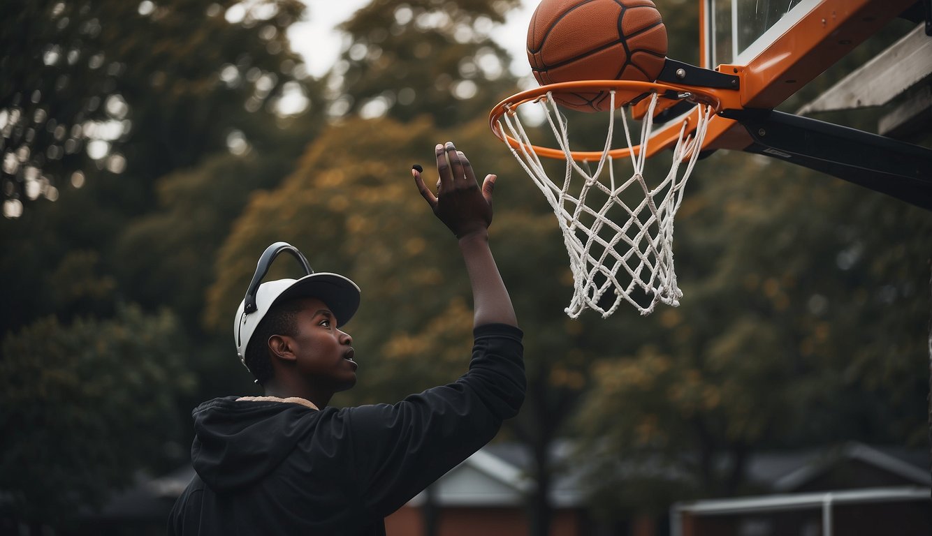 A person assembling a basketball hoop with tools and safety gear nearby