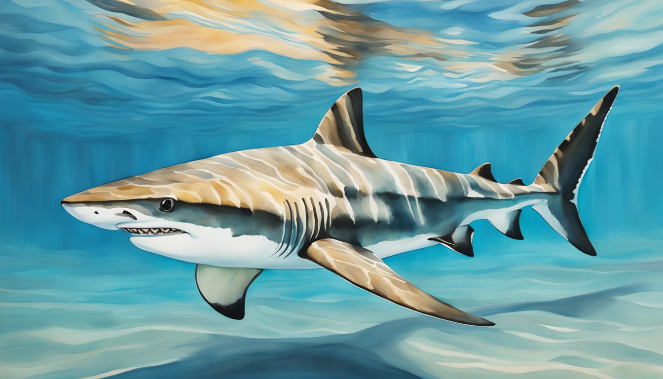 A blacktip shark swims gracefully through clear blue waters, its sleek body cutting through the waves with ease