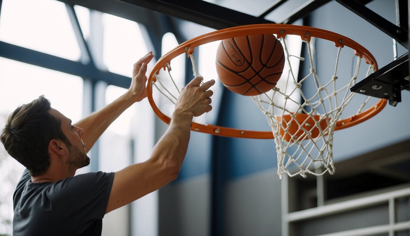 A person assembling a basketball hoop, using tools and following step-by-step instructions. Materials like metal, screws, and a net are visible