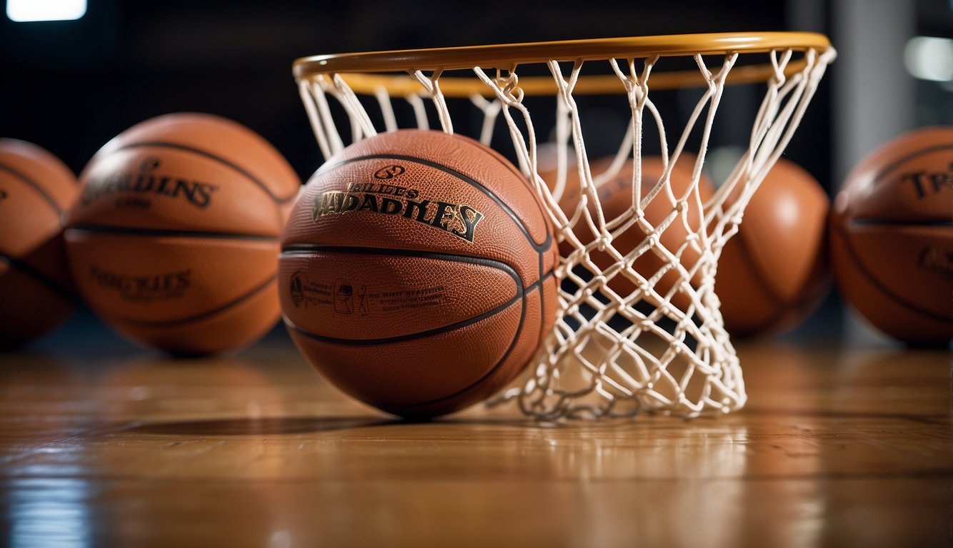 Basketballs of various sizes and colors scattered on a hardwood court, with a hoop and net in the background