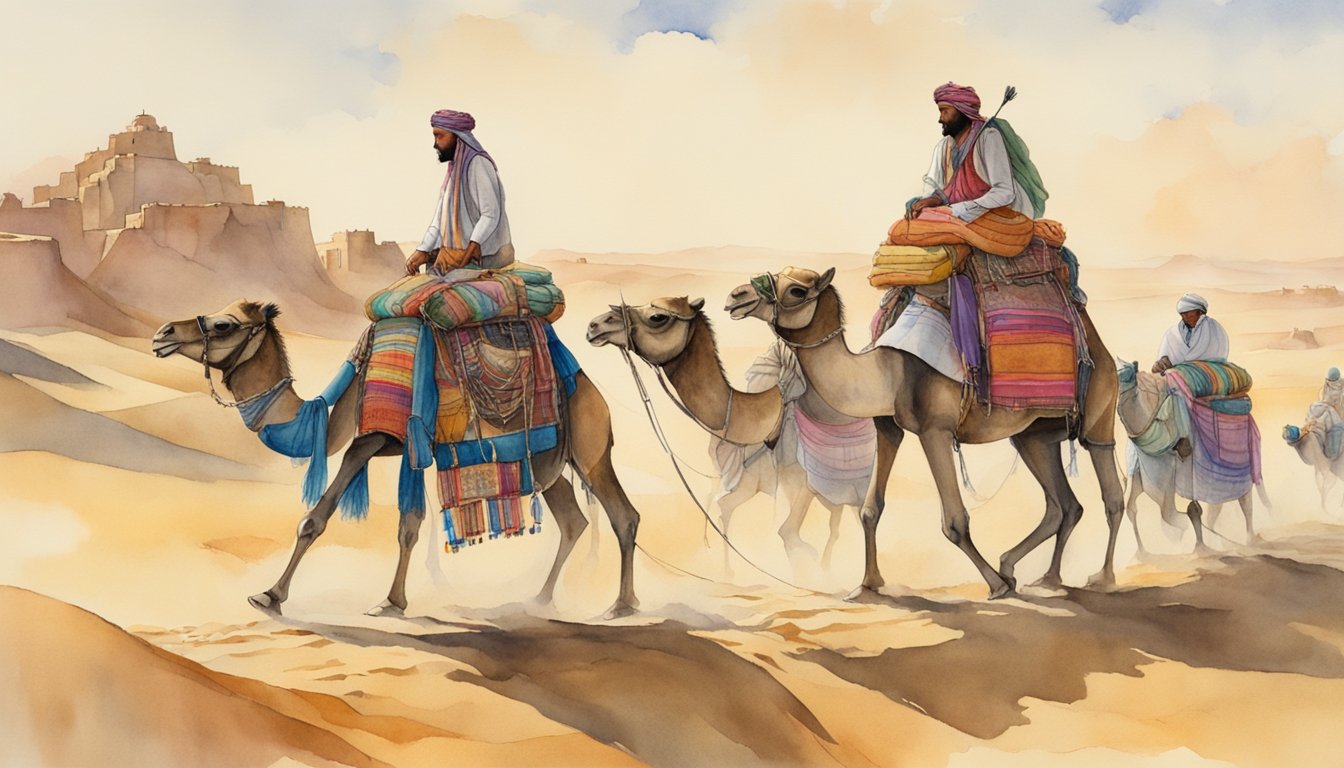 A dromedary caravan travels across the desert, laden with goods and accompanied by nomadic tribes.</p><p>The dromedaries are adorned with colorful textiles and intricate harnesses, showcasing their importance in the culture