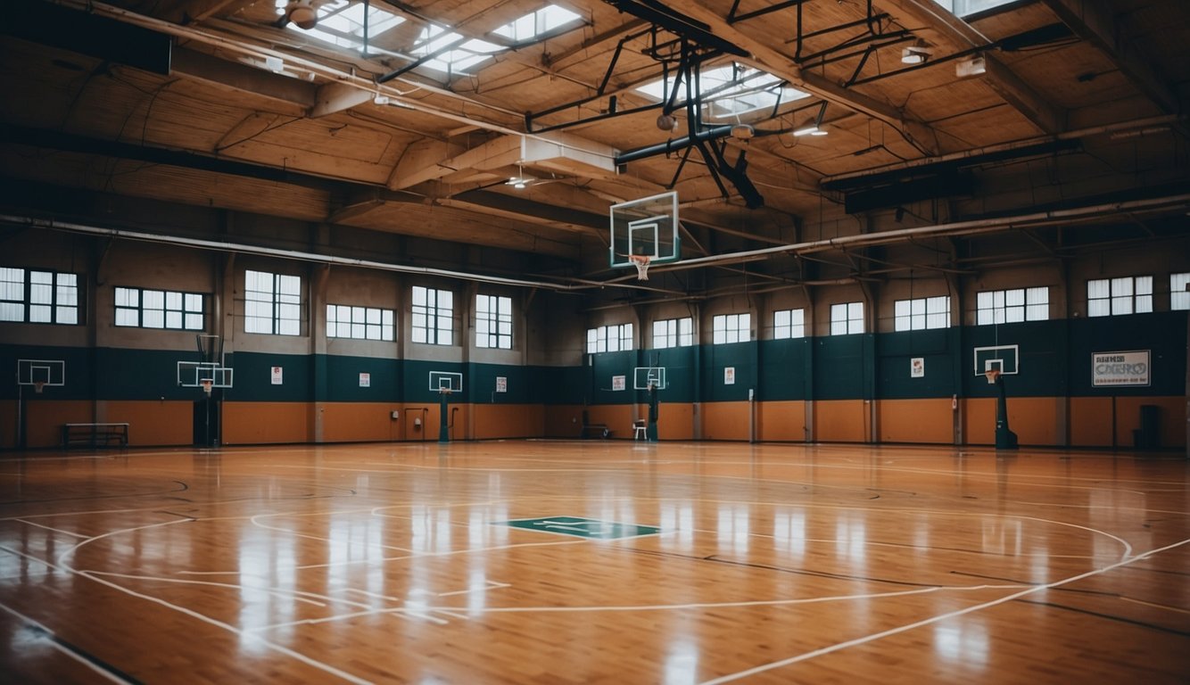 A basketball court with hoops, balls, and a scoreboard