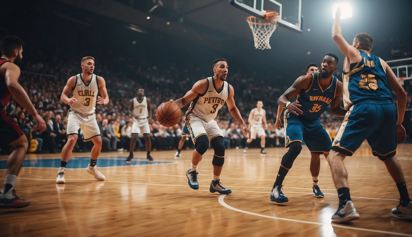 Players dribble, shoot, and defend on a professional basketball court. The crowd cheers as the ball swishes through the hoop