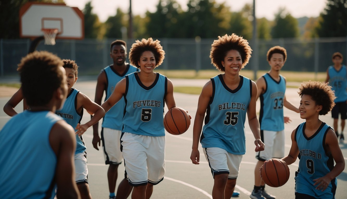 A diverse group of people play basketball in various settings, including urban courts, suburban driveways, and rural fields