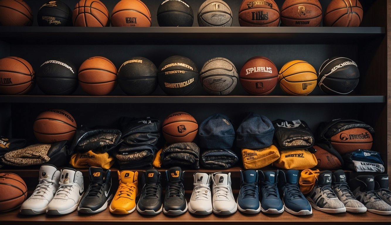 Basketball gear and apparel arranged neatly on a shelf, including various types of basketballs