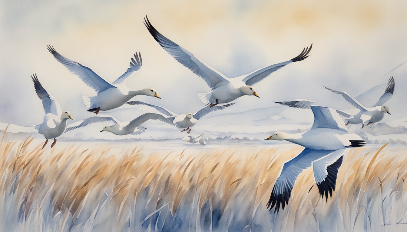 Snow geese flying in V-formation over a snowy landscape, feeding on grasses in wetlands, and nesting in large colonies