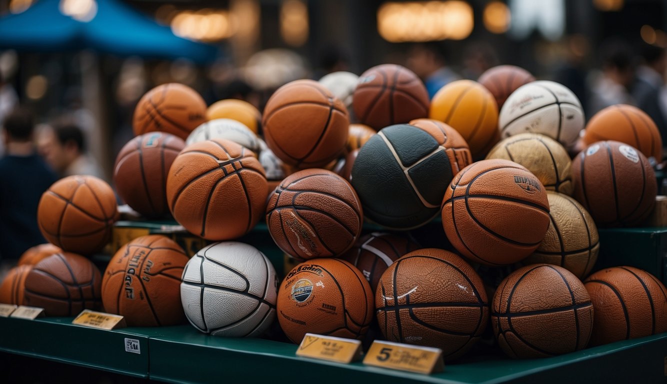 A display of various basketball types on a market stall