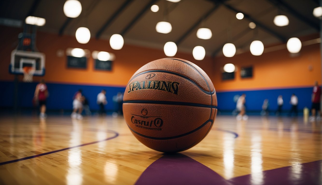 A basketball, sized for adults, sits on a clean, indoor court, surrounded by the vibrant colors of the boundary lines and the polished wood floor