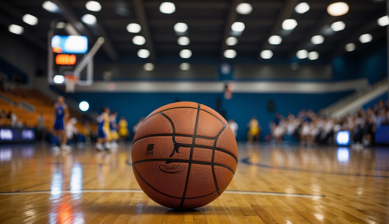 A regulation-size basketball sits on the court floor, measuring 29.5 inches in circumference and weighing 22 ounces