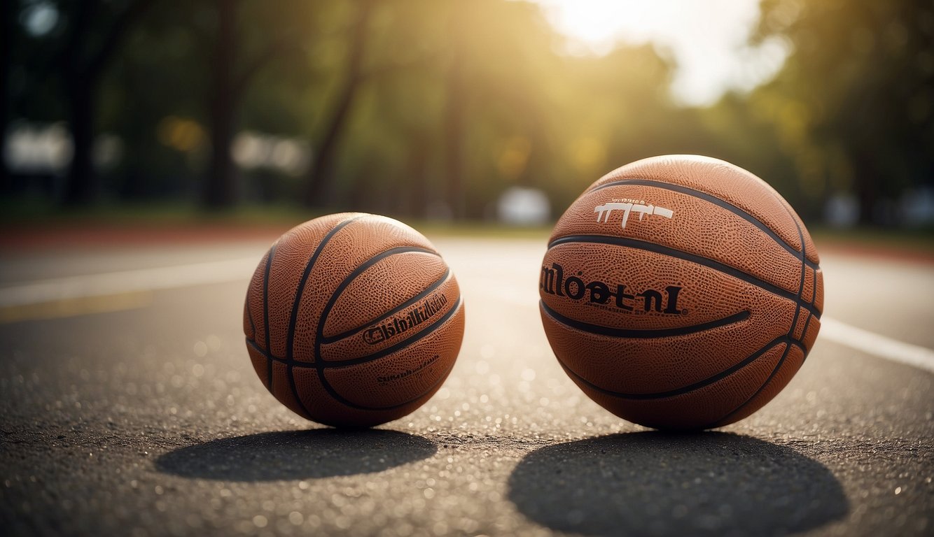 A basketball next to a ruler, showing its standard size for adults