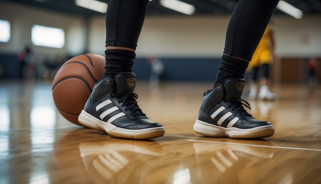 A regulation-size basketball sitting on a clean, indoor court with the distinct sound of sneakers squeaking on the polished surface