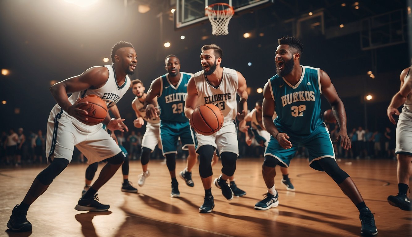 A group of adults playing basketball with an oversized ball, showcasing the excitement and fun of Elevating Your Game