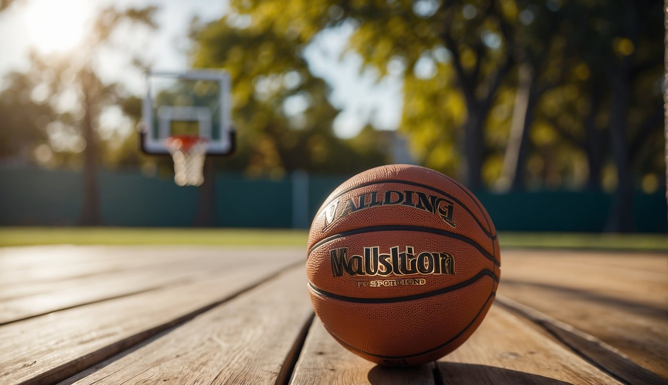 A regulation-size basketball sits on a wooden court, measuring 29.5 inches in circumference and weighing 22 ounces