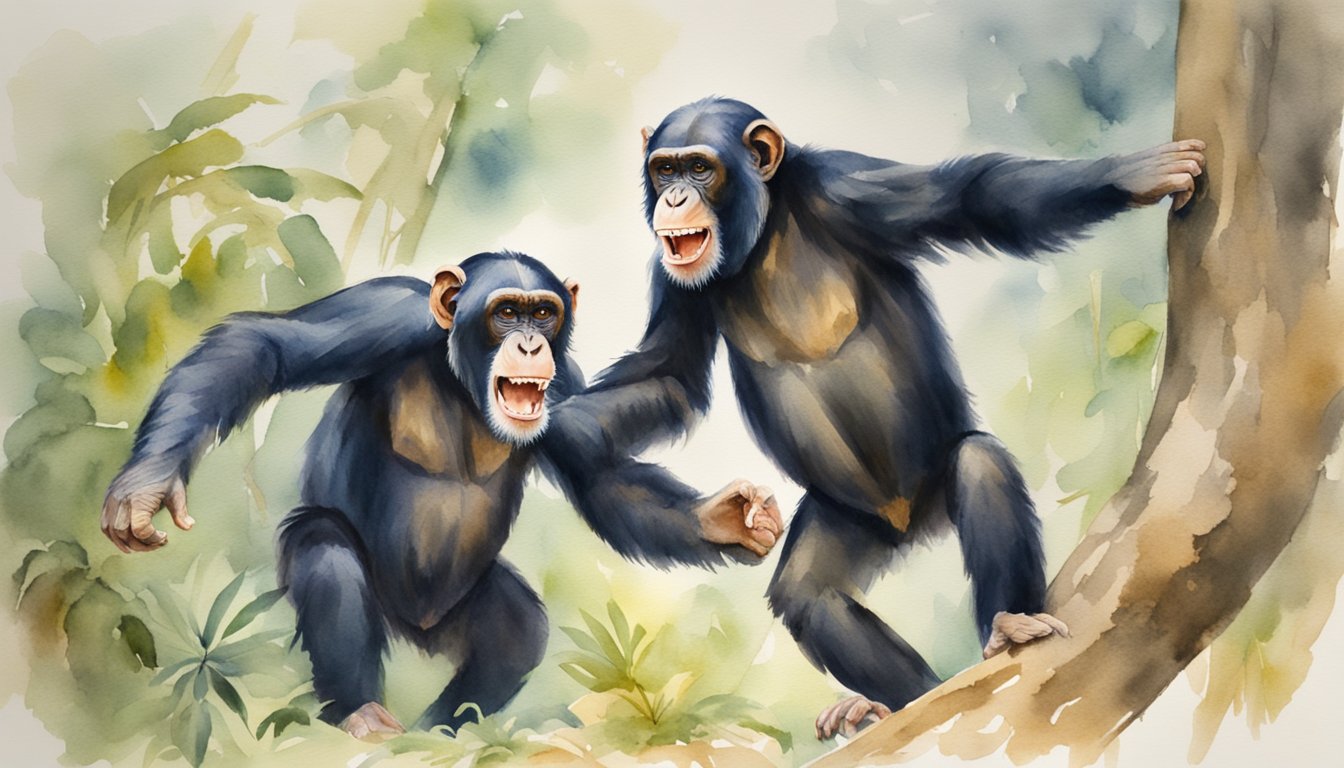 Chimpanzees showing aggressive behavior, baring teeth and making threatening gestures towards an unseen target