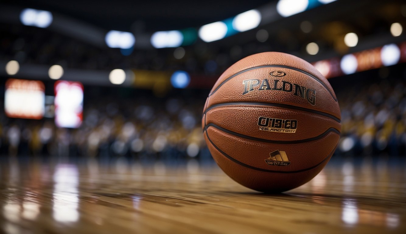 A basketball, slightly larger than average, sits on the court floor