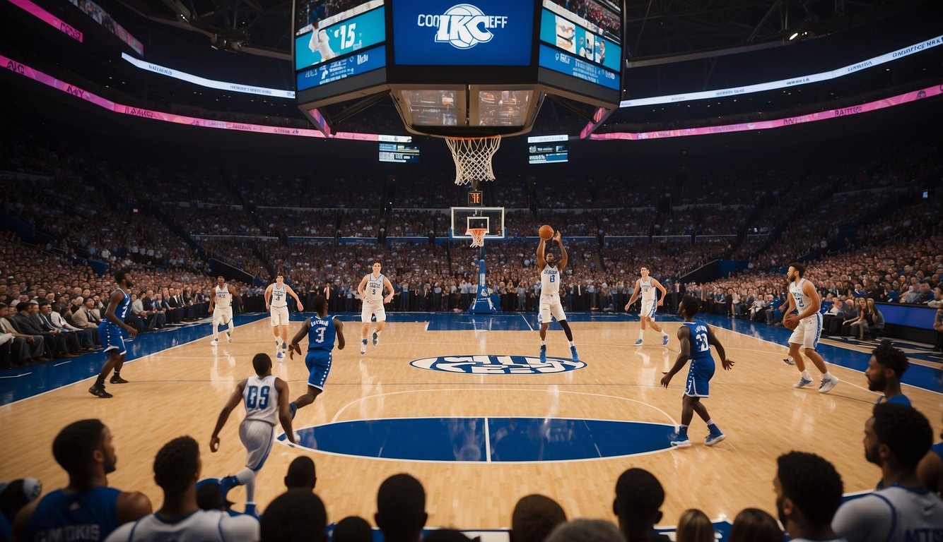 A basketball game plays on a TV screen, with the Kentucky team in action. The score is visible on the screen