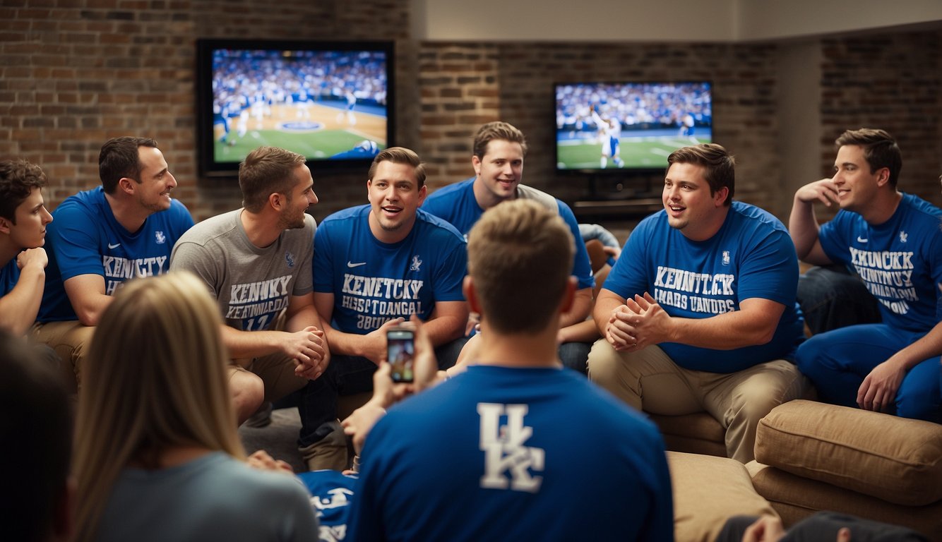 A group of Kentucky Wildcats fans gather around a TV, eagerly searching for the channel airing the Kentucky basketball game. Banners and memorabilia adorn the room, creating a dedicated fan atmosphere