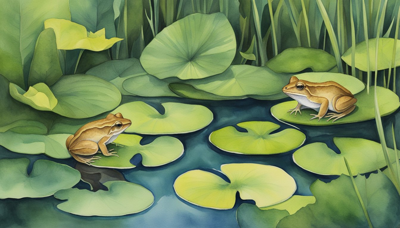 A group of spring peepers gather around a small pond, their vibrant green bodies blending in with the surrounding foliage.</p><p>Some are perched on lily pads, while others are calling out with their distinctive high-pitched peeping sounds