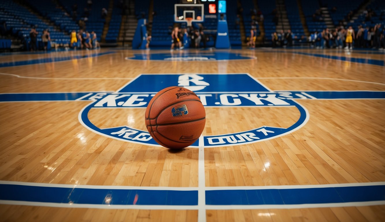 A basketball court with a spotlight shining on the Kentucky team's channel logo