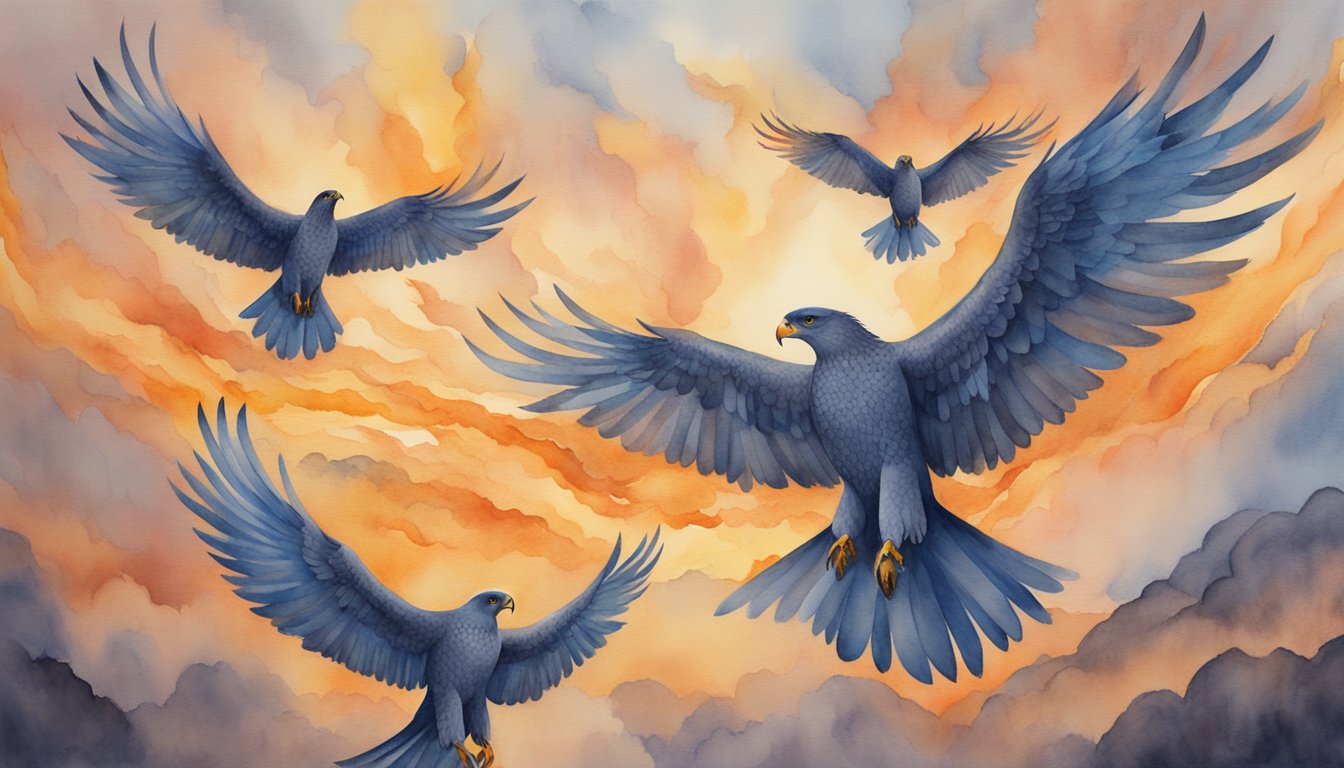 A group of fire hawks circle above a gathering, their wings spread wide as they interact with each other, emphasizing their significance in the sky