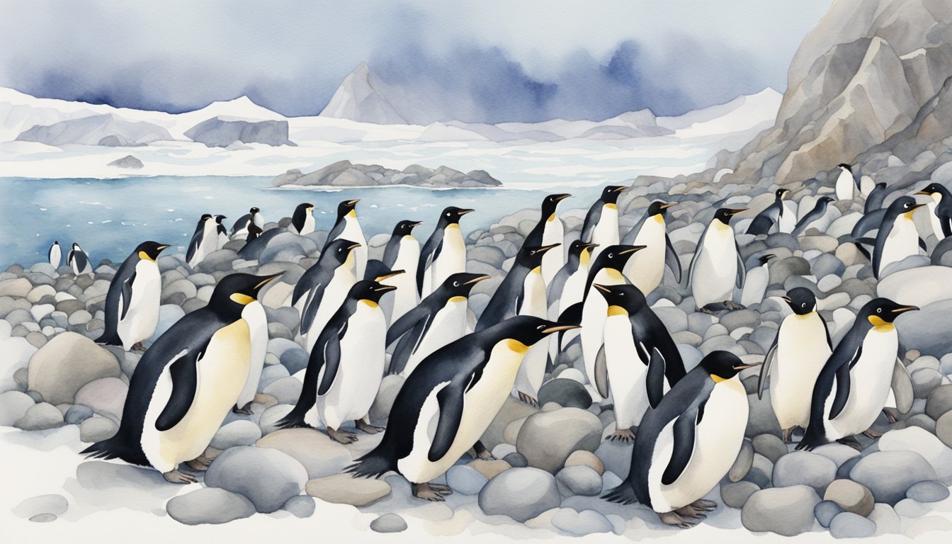 An Adelie penguin waddles across the rocky Antarctic shore, surrounded by a colony of its fellow penguins.</p><p>The penguins are busy building nests out of rocks and pebbles, while others are diving into the frigid waters in