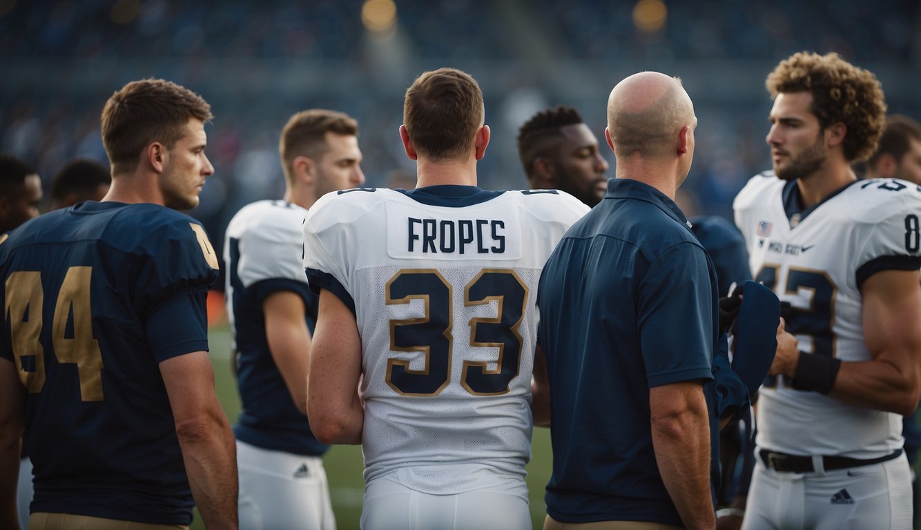 Players circle up, heads bowed, eyes closed. Coach leads a prayer, team listens attentively. Unity and focus evident