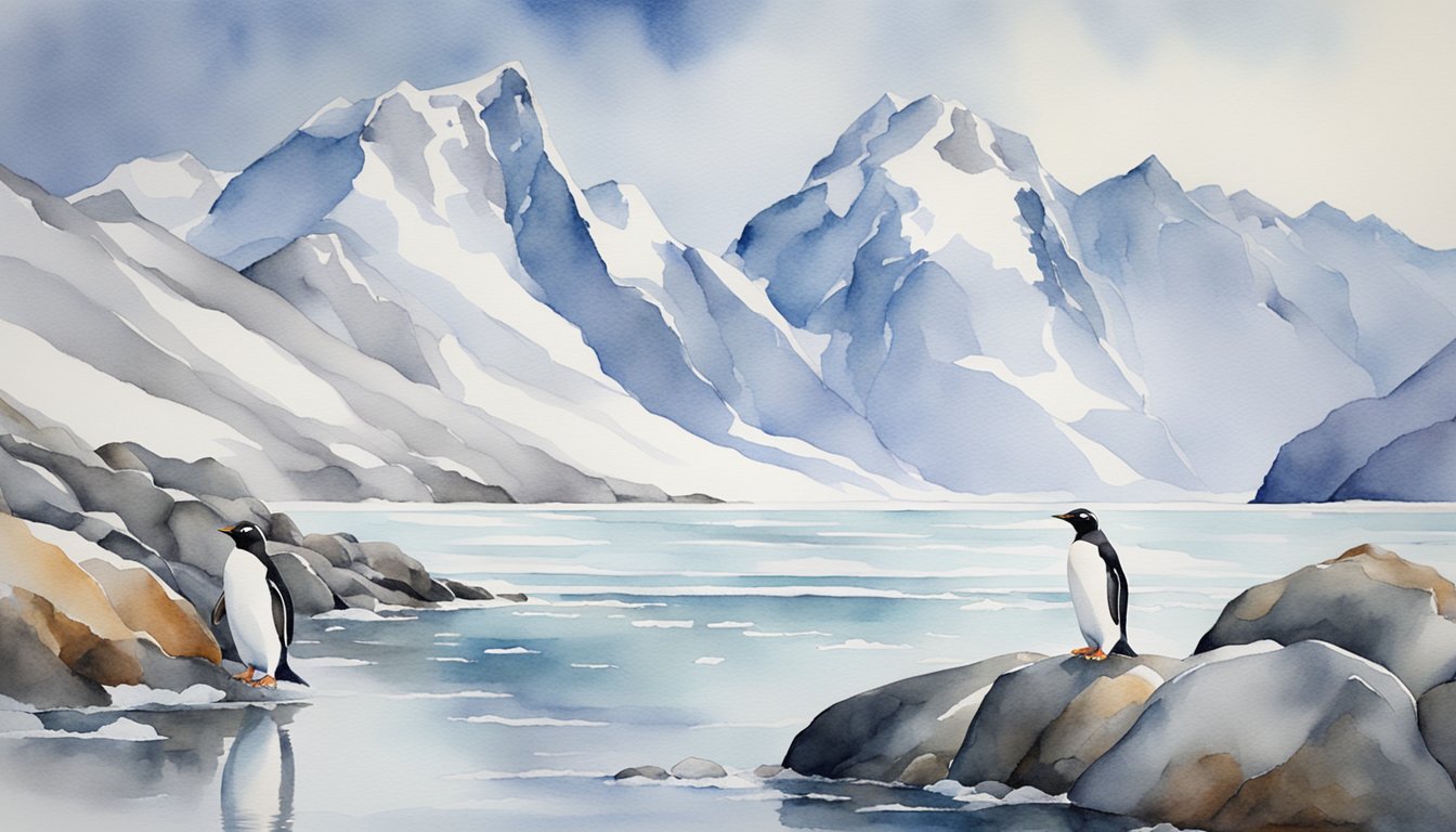 Gentoo penguins waddle on rocky shore, surrounded by icy waters and snow-capped mountains