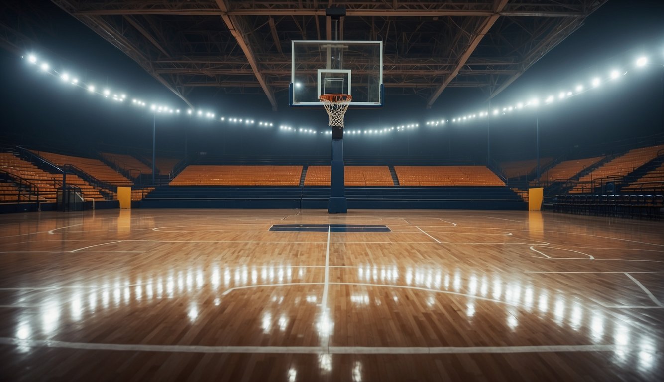 A basketball court with painted lines and hoops, surrounded by fencing and bleachers, under the glow of bright stadium lights