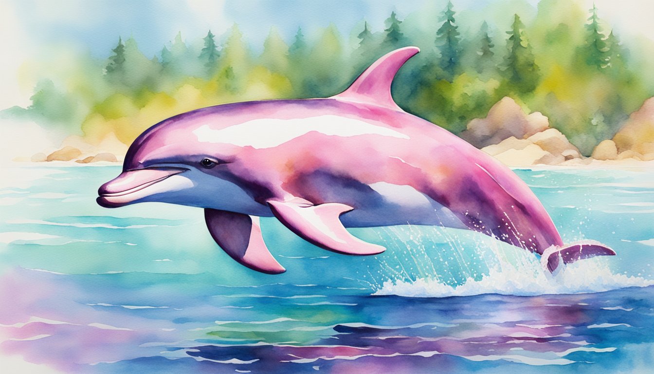 A vibrant pink bottlenose dolphin leaps gracefully through the crystal-clear waters, its sleek body glistening in the sunlight as it playfully interacts with its marine surroundings