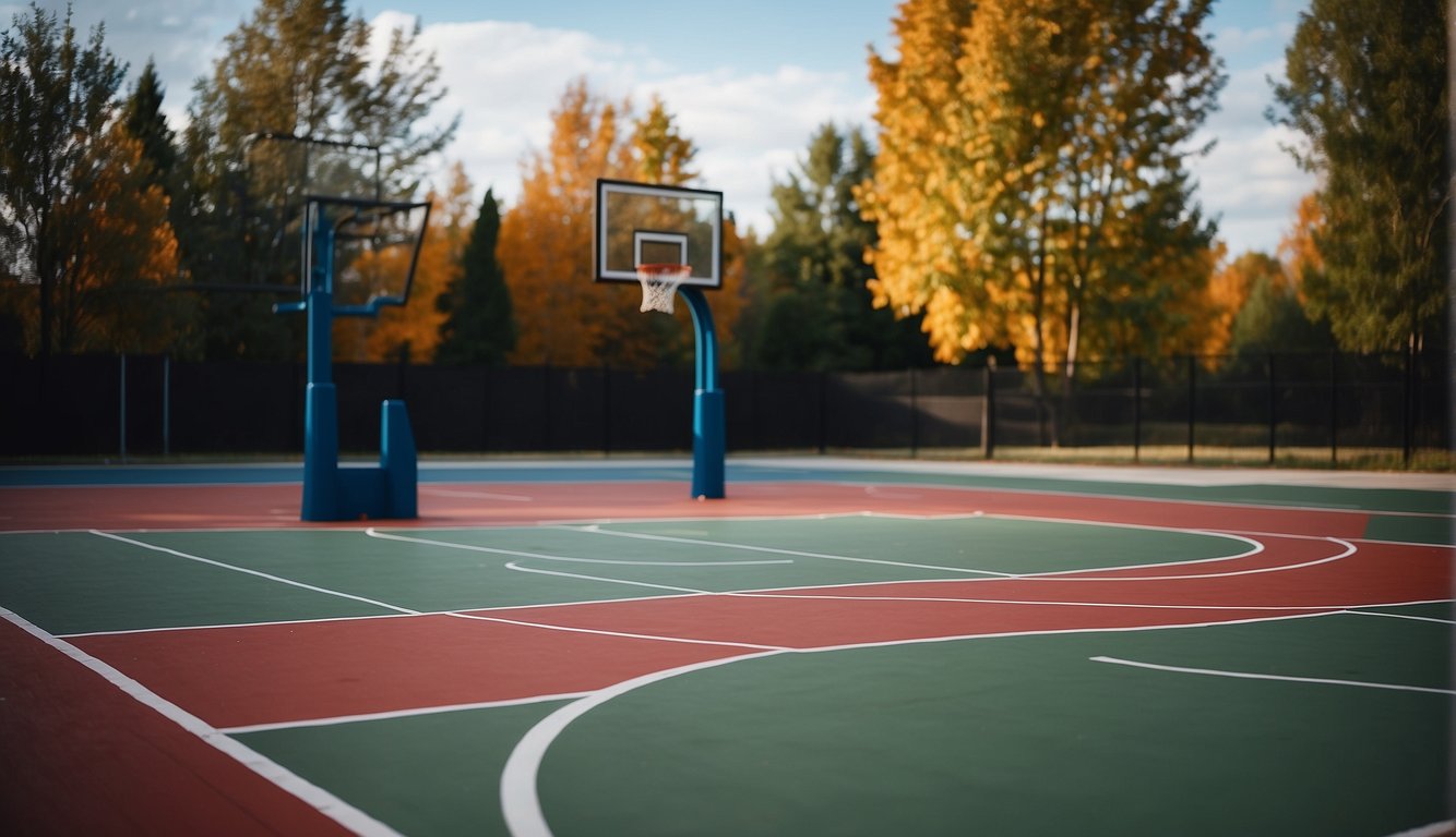 A full-size outdoor basketball court with painted lines, hoops at each end, and a smooth, durable playing surface