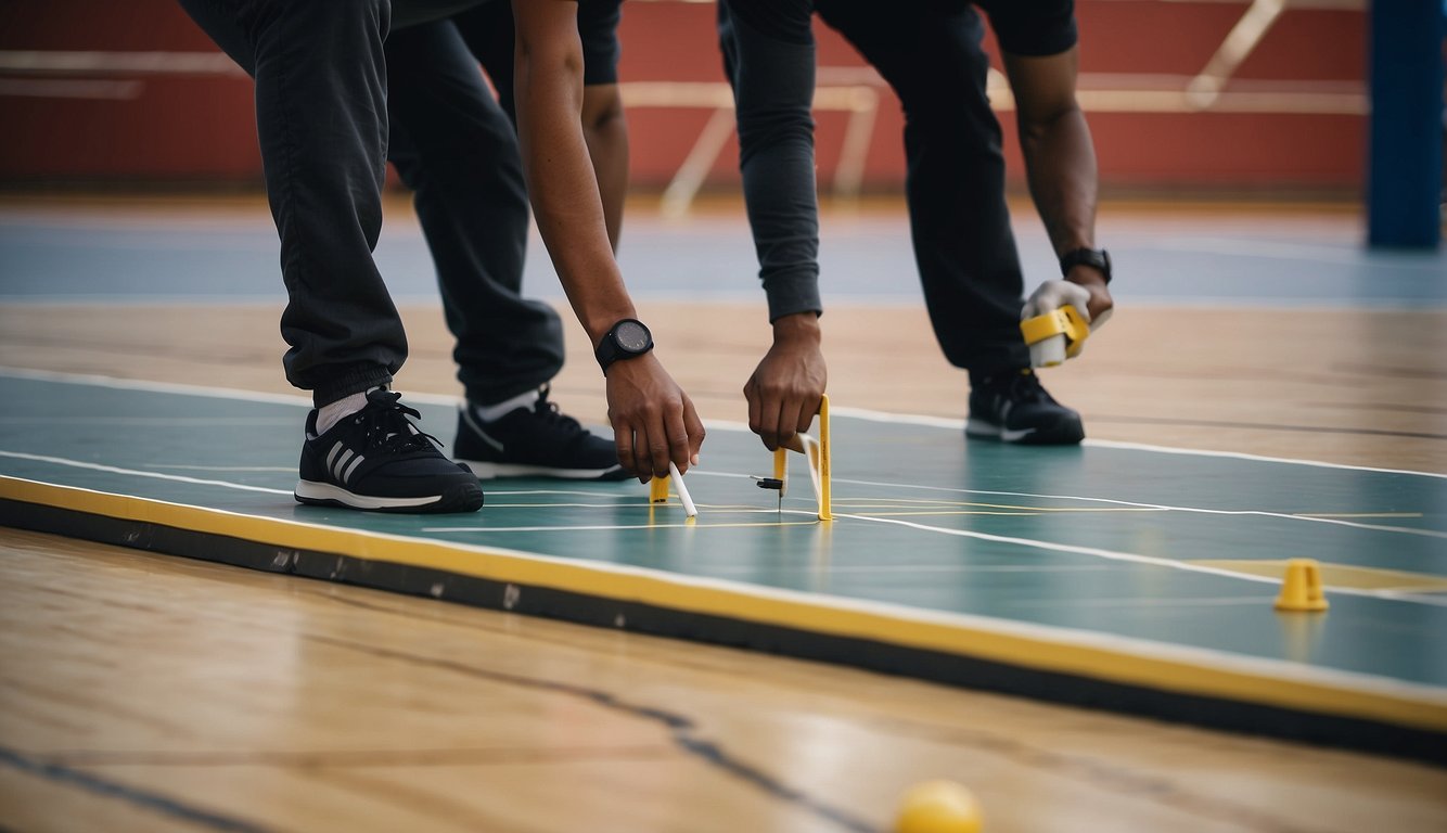 A person measuring and marking out a basketball court with tape and a level, while another person hires a professional to build a court