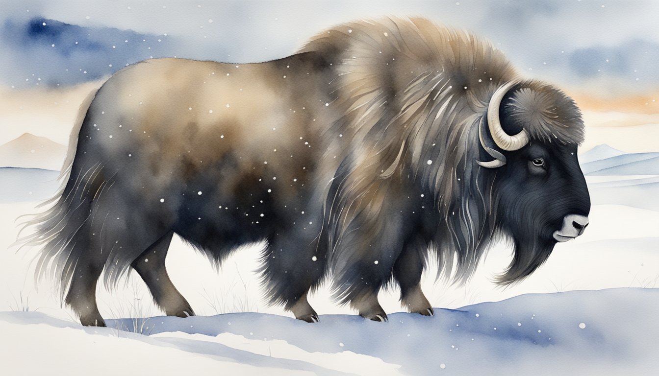 A musk ox stands on a snowy tundra, its thick fur blending with the landscape.</p><p>Snowflakes fall gently around it, and the ox's powerful frame exudes a sense of strength and resilience