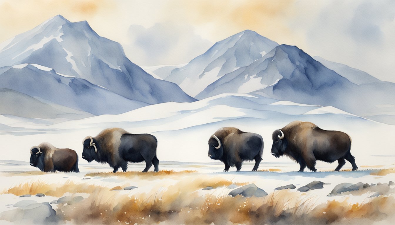 Musk oxen grazing on tundra, with a dominant male standing guard as the herd moves together in a tight-knit group