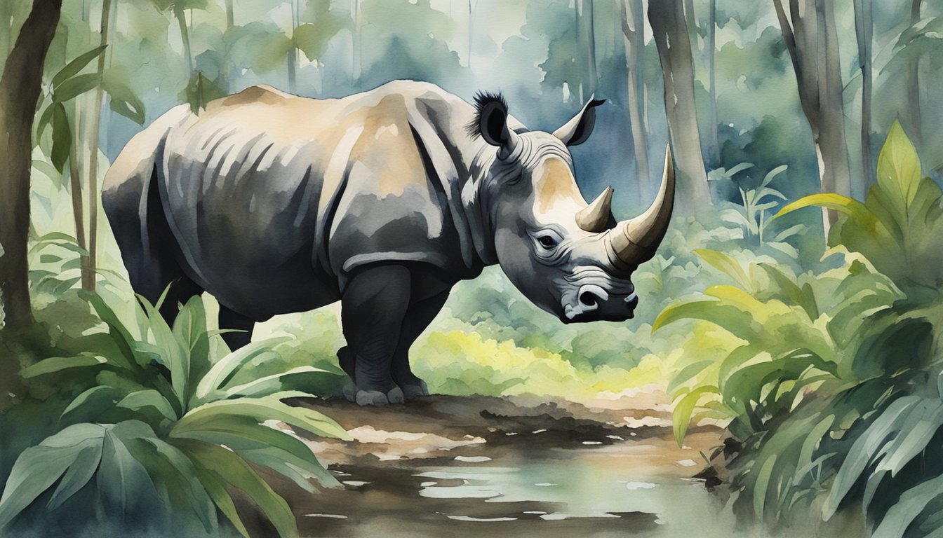 A dense, lush jungle with towering trees, thick undergrowth, and a muddy wallow for bathing.</p><p>The sounds of birds and insects fill the air, while the elusive Sumatran rhino moves through the foliage