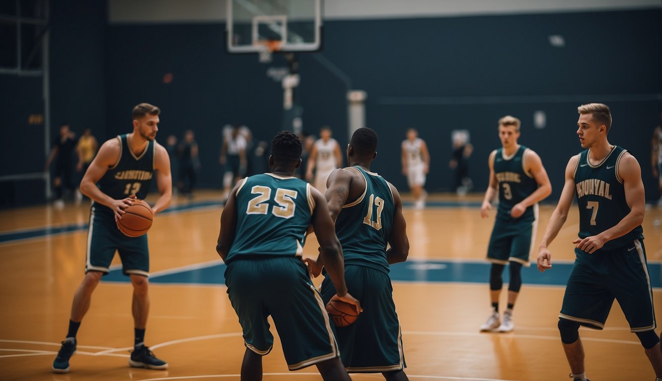 Players on a court practicing basic basketball positions and movements