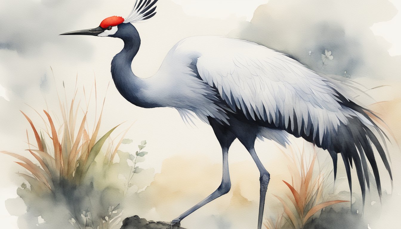 A Japanese crane stands tall with a red crown, white body, and black-tipped wings, gracefully extending its long neck