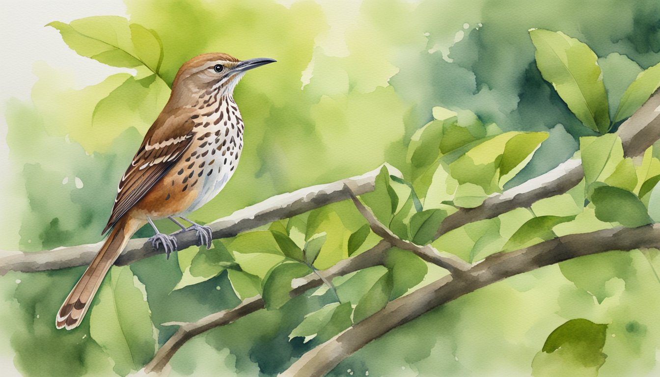 A Brown Thrasher perched on a tree branch, surrounded by lush green foliage, with its distinctive reddish-brown plumage and long, curved bill