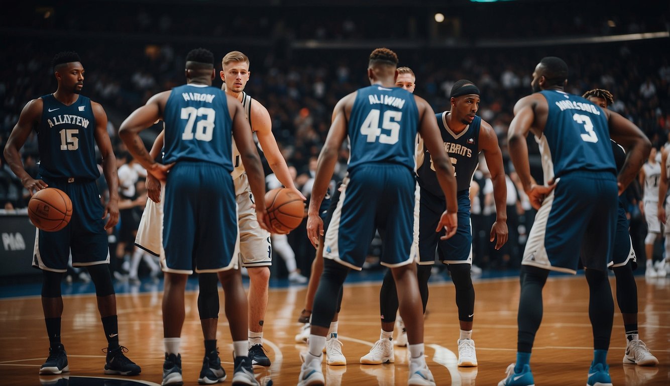 Players gather on the court, ready to practice and play basketball. They assume various positions, from point guard to center, as they prepare to learn the basics of the game