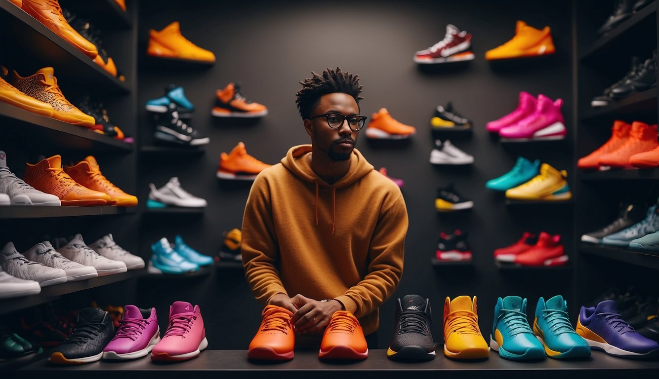 A person stands in front of a display of colorful basketball shoes, pondering their options. The shoes are arranged neatly on shelves, with different styles and brands to choose from