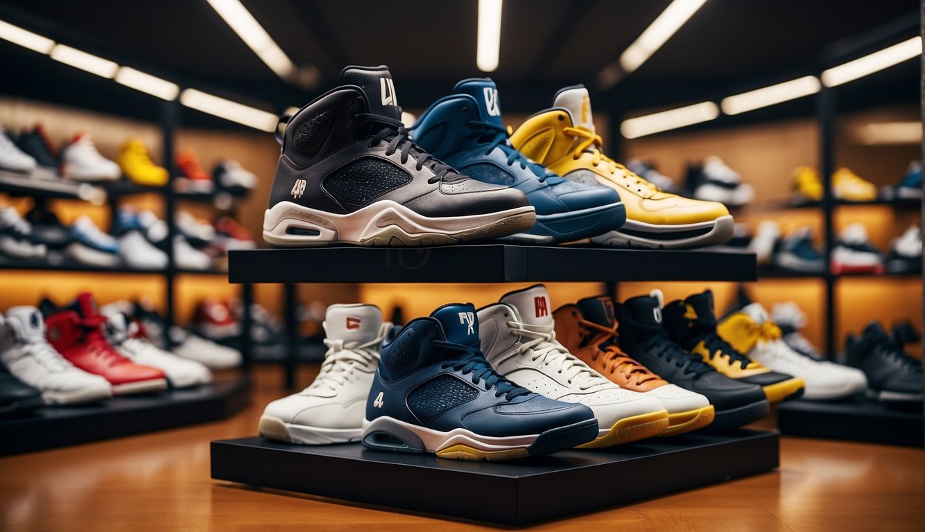 A display of various popular basketball shoe brands and models arranged neatly on shelves