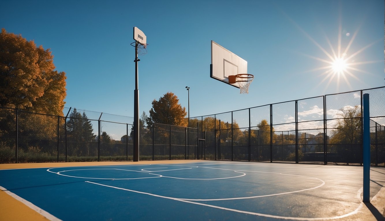 A basketball court with two hoops, painted lines, and a smooth surface, set against a clear blue sky and surrounded by a fence