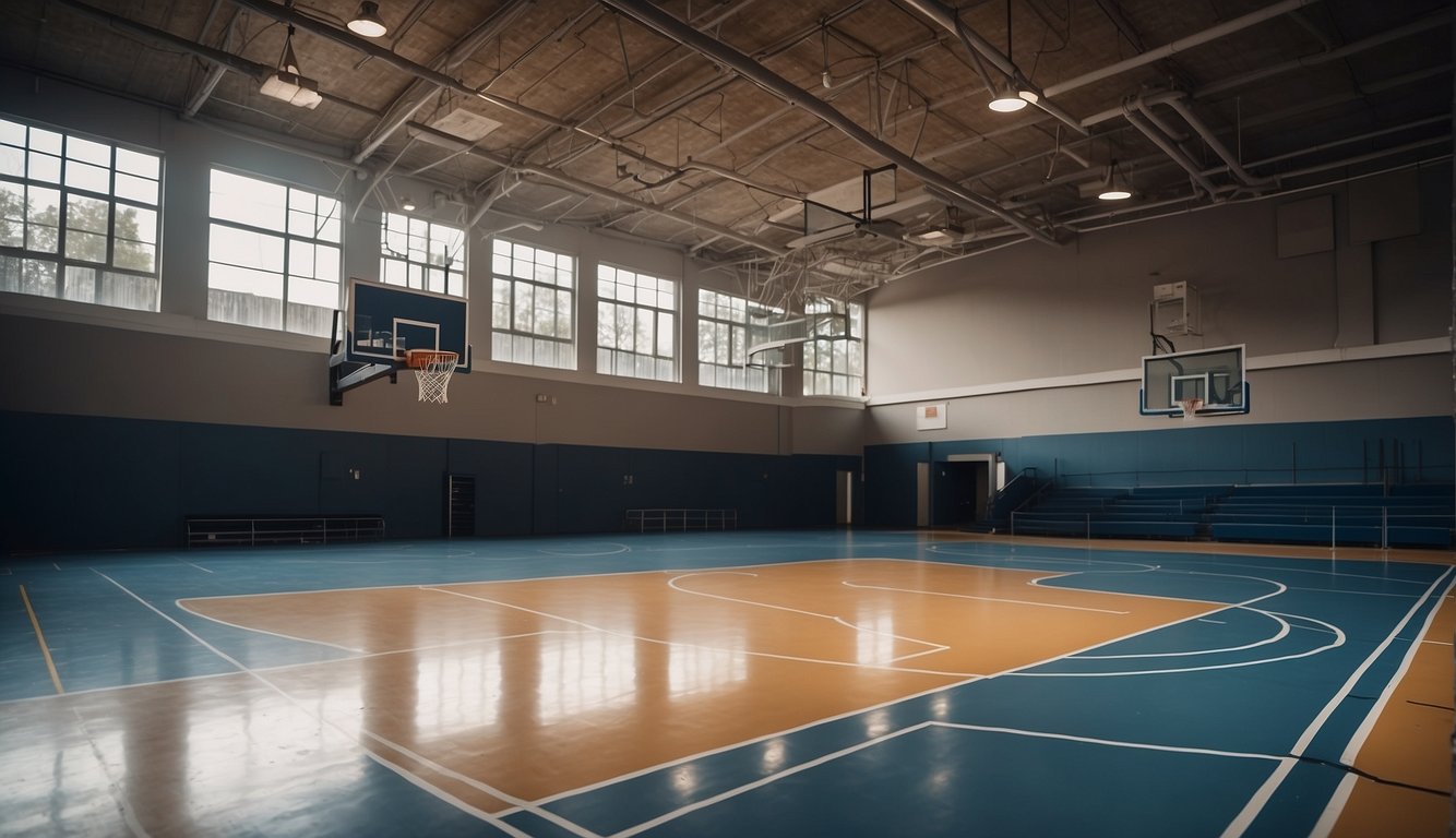 A basketball court with various surfaces and dimensions, surrounded by fencing and seating. The cost of a basketball court can range from $5,000 to $50,000